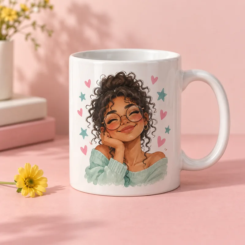 Imagem ilustrativa: caneca com caricatura de uma mulher de óculos.