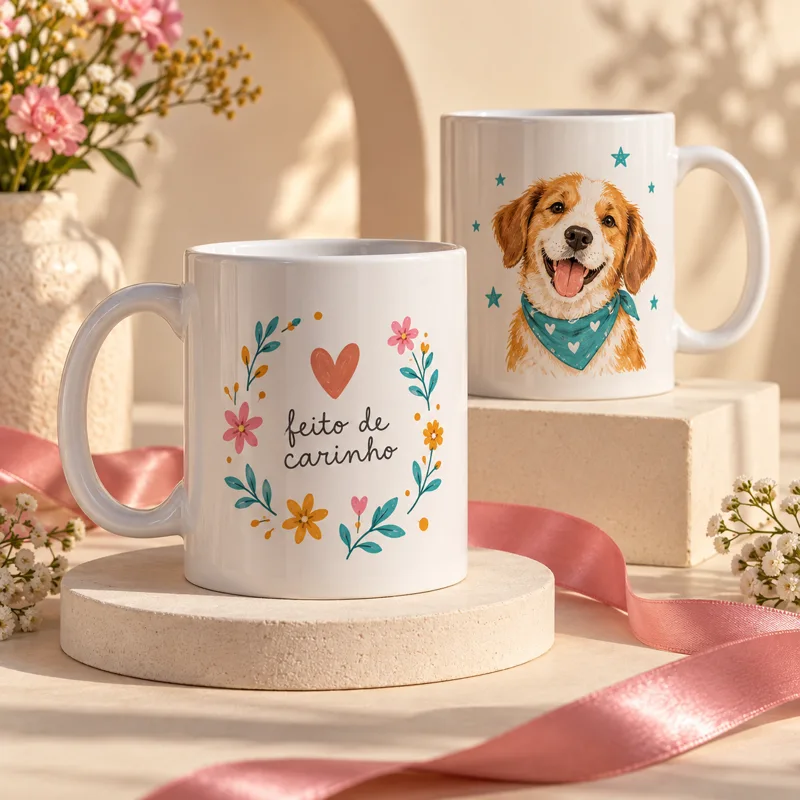 Imagem ilustrativa: canecas com estampa floral e de pet, criadas digitalmente.