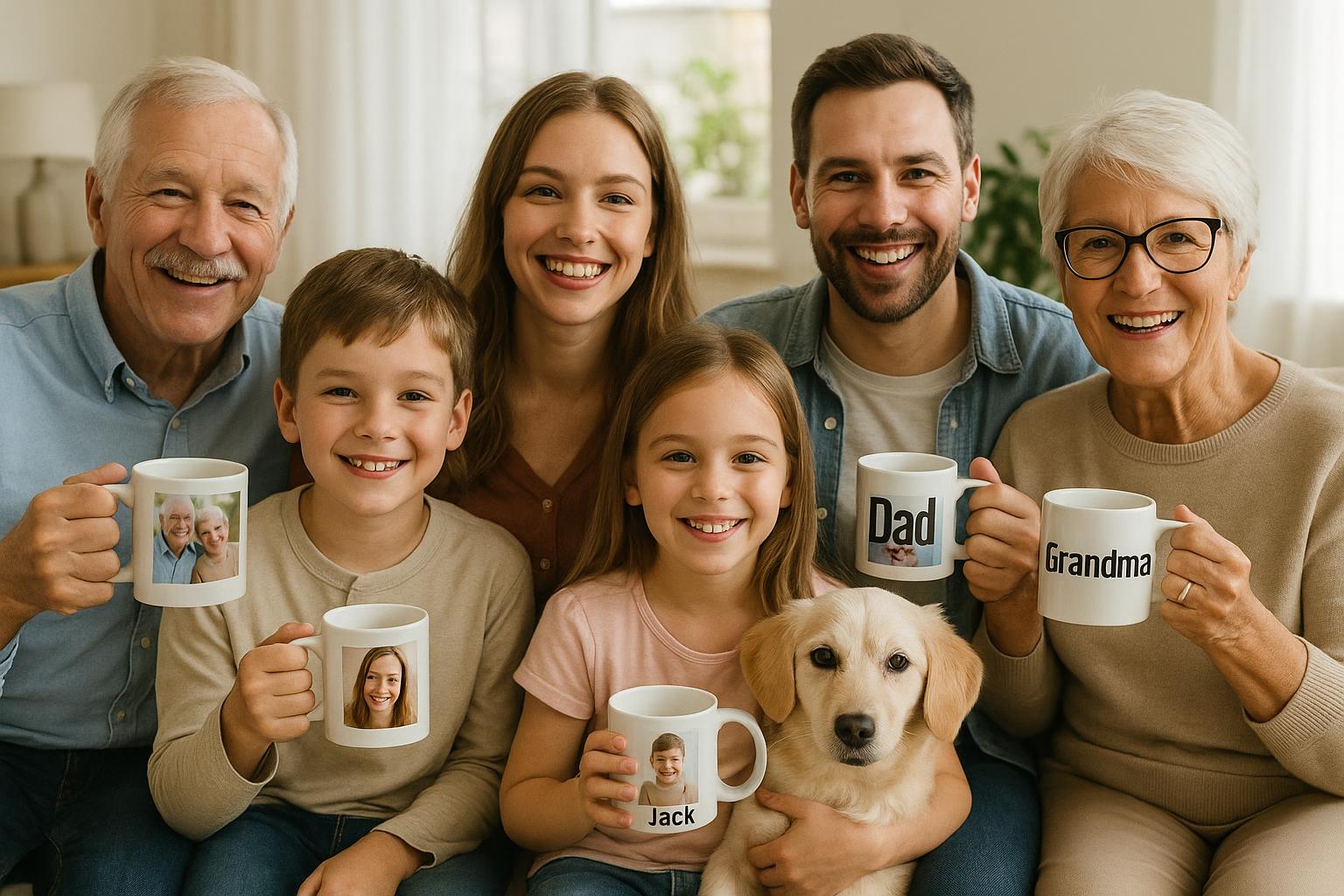 Família feliz com canecas personalizadas Maringá